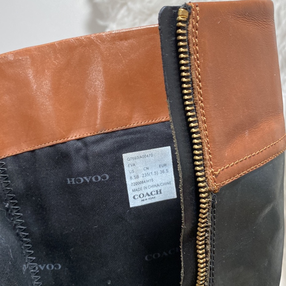 COACH EVA Black Brown Calf Leather Tall Boots 6.5 B Zip Classy 2-tone - Picture 13 of 13